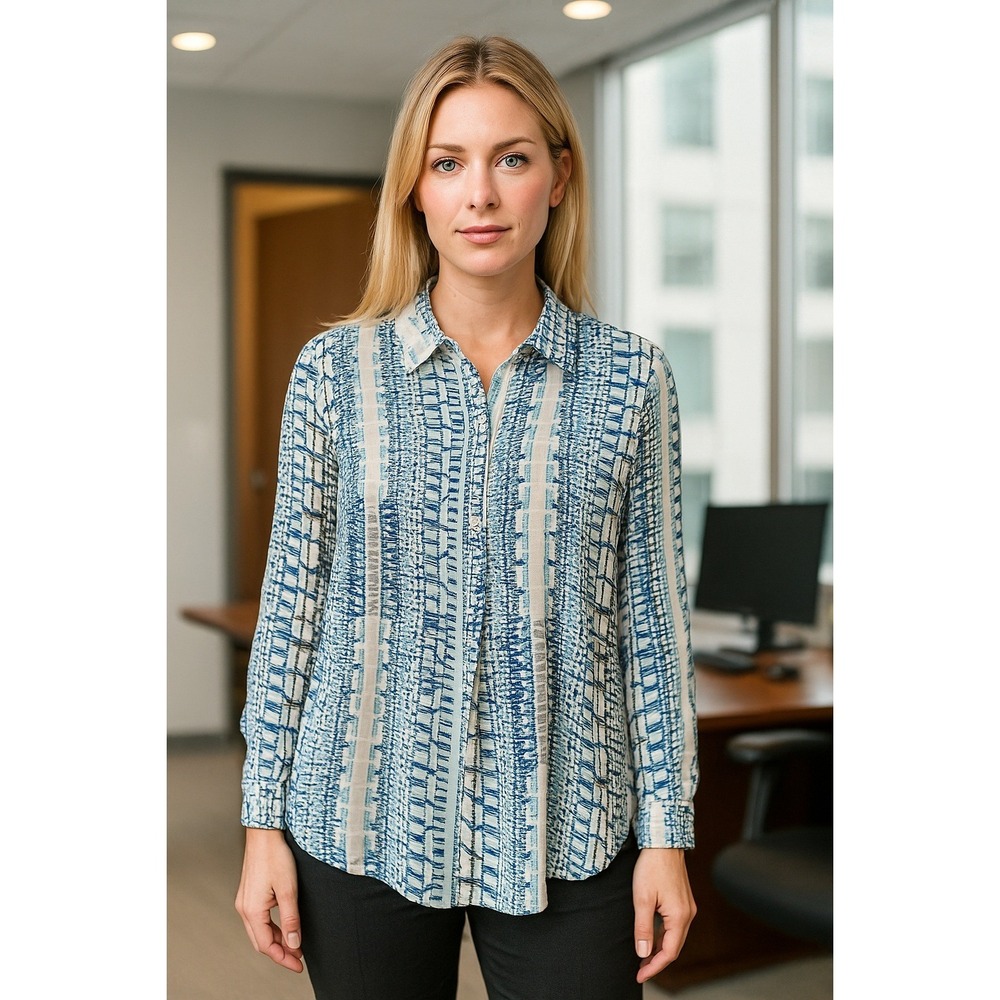 Tyler Boe Top Womens Small Tunic Silk Blue Geometric Roll Tab Sleeve Flowy